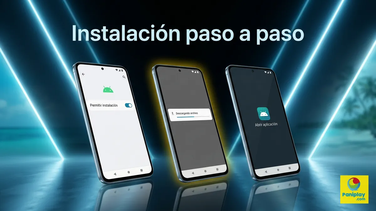 Tres pantallas de celular mostrando los pasos para instalar la app de Paniplay en Android