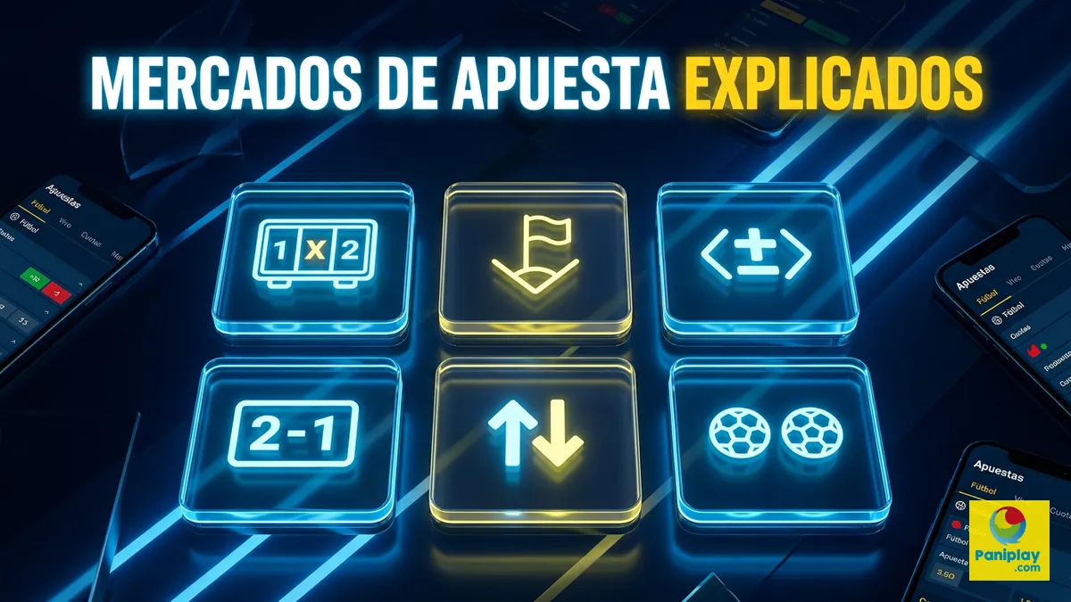 Mosaico de íconos de mercados de apuestas deportivas como 1X2 y hándicap en Paniplay Honduras