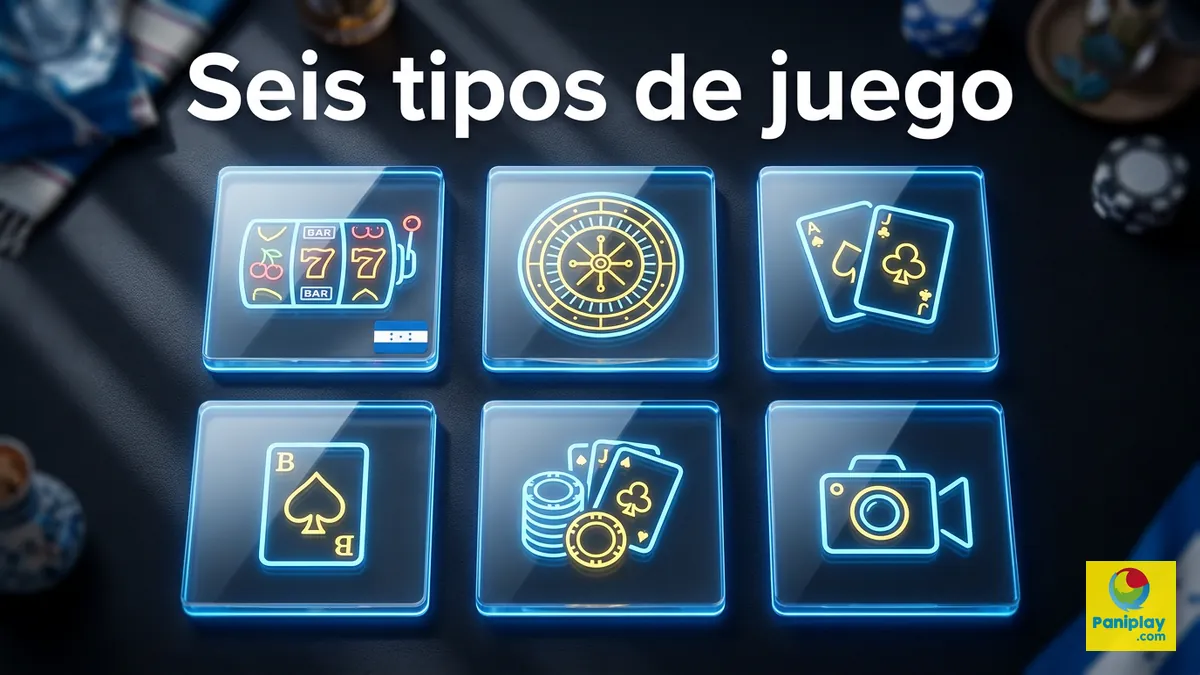 Seis mosaicos de juegos de casino de Paniplay Honduras: tragamonedas, ruleta, blackjack, baccarat, póker y casino en vivo