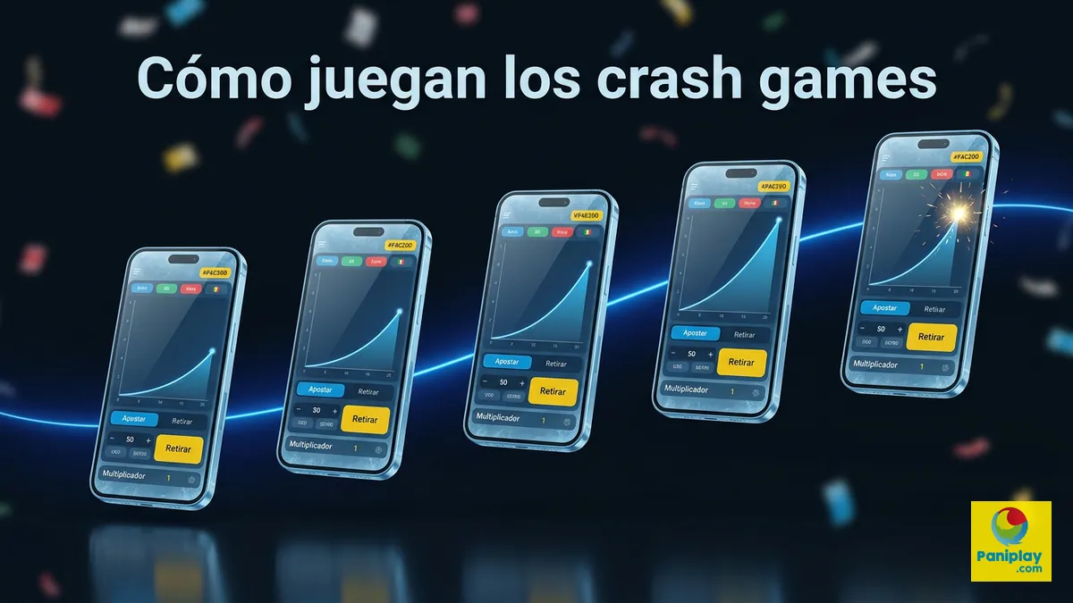 Secuencia de pantallas de teléfono mostrando el multiplicador de un crash game en Paniplay Honduras