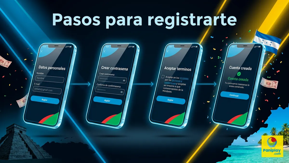 Secuencia de pantallas de celular mostrando los pasos para completar el registro en Paniplay Honduras