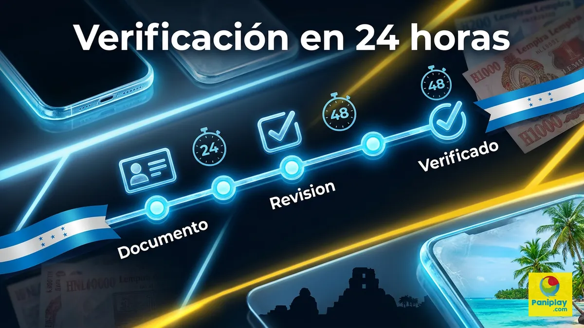 Linea de tiempo con documento de identidad y reloj que muestra el plazo de verificacion de cuenta en Paniplay Honduras