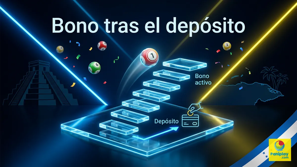 Tarjeta de bono brillante conectada a un icono de deposito, ilustrando como se activa el bono de bienvenida en Paniplay Honduras